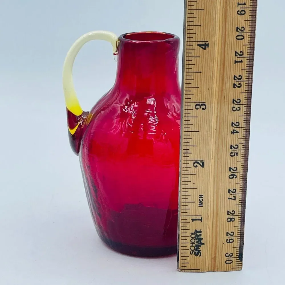 Mini Red Crackle Glass Hand Blown Pitcher Applied Yellow Handle